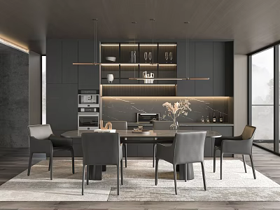 Modern Restaurant Interior Featuring Dark Cabinets Marble Countertop Dining Table Chairs And Pendant Lights 3d model