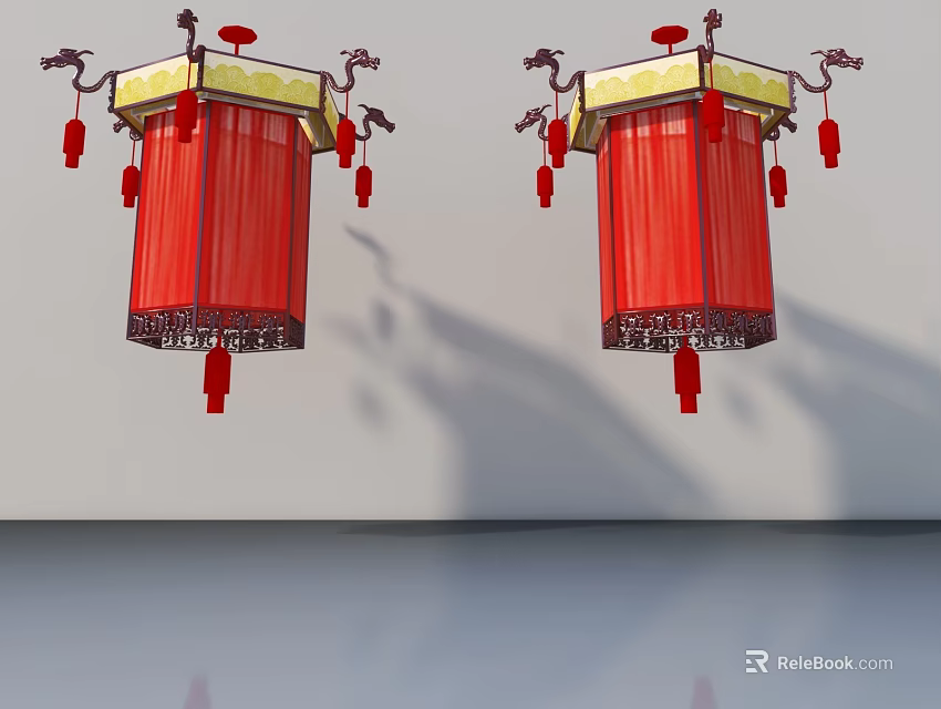 Traditional Red Chinese Lanterns With Golden Decorations And Tassels On White Wall 3d model 