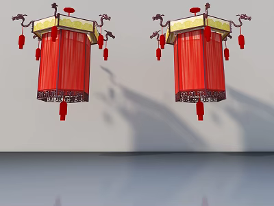 Traditional Red Chinese Lanterns With Golden Decorations And Tassels On White Wall 3d model