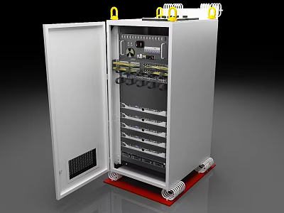 Open Door Electrical Control Cabinet With Internal Wiring Components Red Base And Wheels 3d model