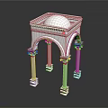 Ornate White Decorative Pedestal Featuring Four Columns With Gold Accents And Arch Designs