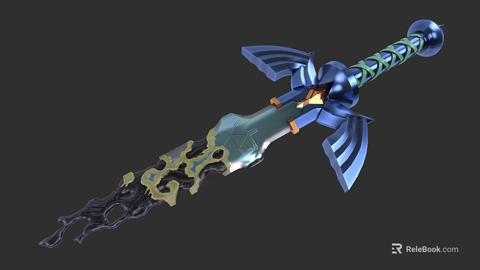 Decorative Blue Green Sword With Wing Shaped Design And Golden Black Details 3d model 