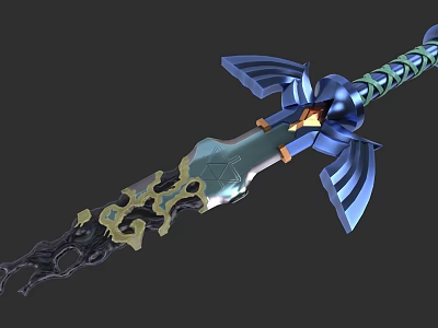 Decorative Blue Green Sword With Wing Shaped Design And Golden Black Details 3d model