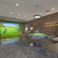 Modern Indoor Golf Fitness Training Space With Simulator Screen And Green Turf