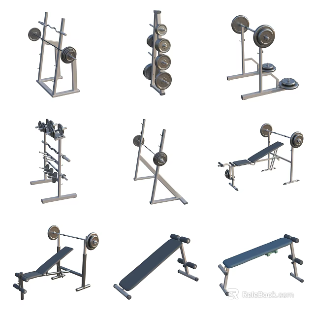 Different Types of Sports Equipment Including Barbells Dumbbells Bench Presses and Weight Racks 3d model 