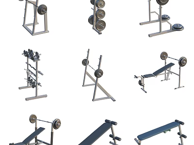 Different Types of Sports Equipment Including Barbells Dumbbells Bench Presses and Weight Racks 3d model