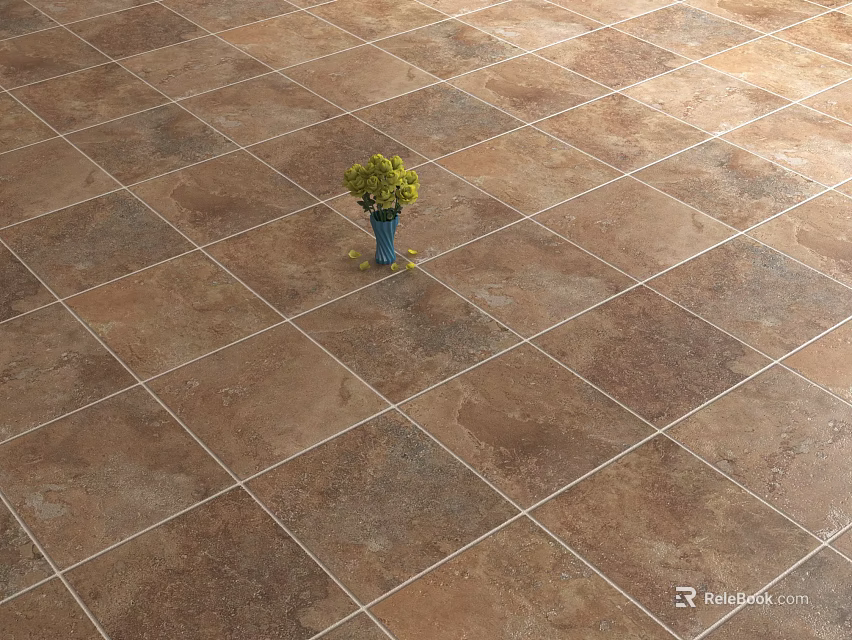 Brown Stone Floor Tiles In Checkerboard Layout With Green Flower Vase 3d model 