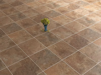 Brown Stone Floor Tiles In Checkerboard Layout With Green Flower Vase 3d model