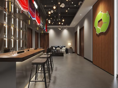 Modern Bar Interior Design With Wooden Counter Stools Hanging Lights And Green Wall Decor 3d model
