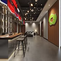 Modern Bar Interior Design With Wooden Counter Stools Hanging Lights And Green Wall Decor