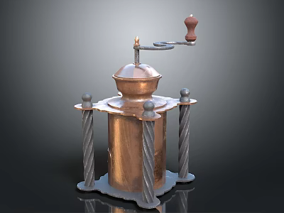 Vintage Copper Grinder With Wooden Handle And Twisted Metal Columns For Kitchen Use 3d model