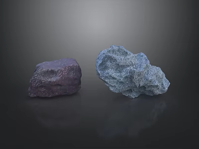 Two Purple And Blue Rockery Stones On Black Background With Reflections 3d model