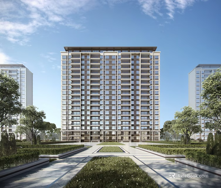 Modern High Rise Residential Building Exterior With Greenery And Pathways 3d model 