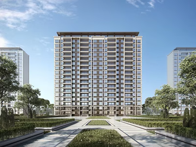 Modern High Rise Residential Building Exterior With Greenery And Pathways 3d model