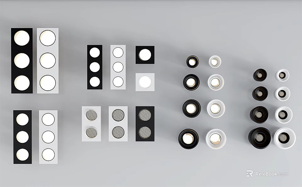 Assorted Downlights and Spotlights in Black White Round Square Shapes 3d model 
