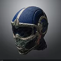 Futuristic Combat Helmet With Blue And White Stripe Silver Metallic Visor