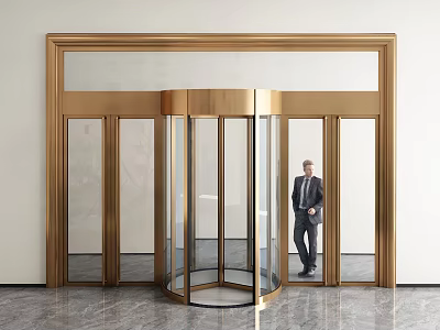 Luxurious Gold Frame Revolving Glass Door With Marble Floor Entrance Design 3d model