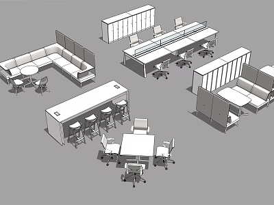 Modern Office Desks With Partition Meeting Table Bar Counter Chairs And Storage Cabinets 3d model