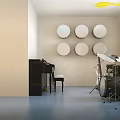 Kindergarten Music Room Interior with Wooden Wall Green Storage Cabinets Drum Set Guitar and Piano