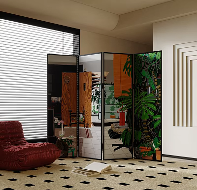 Modern Decorative Room Divider Screen With Mirrored Panels And Tropical Prints 3d model