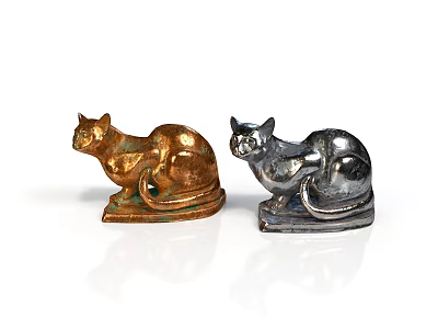 Two Decorative Cat Statues One Gold And One Silver Sitting Side By Side 3d model