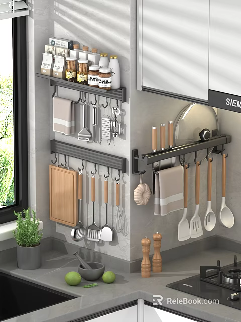 Wall Mounted Rack Holds Various Kitchen Utensils 3d model