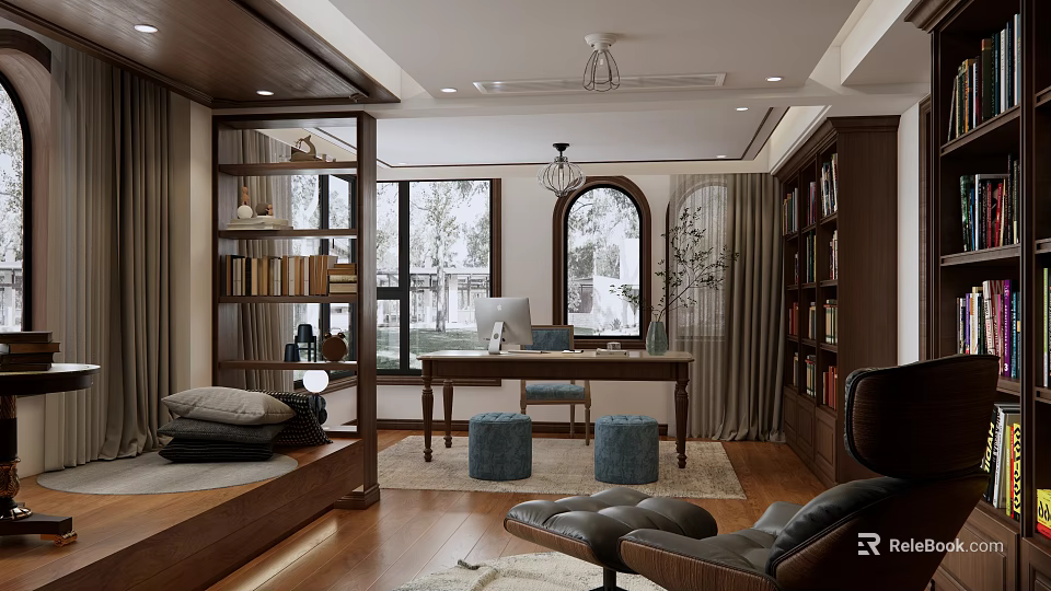 Study Room Interior With Wooden Bookshelves Desk Blue Stools Leather Chair And Arch Windows 3d model 
