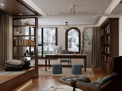 Study Room Interior With Wooden Bookshelves Desk Blue Stools Leather Chair And Arch Windows 3d model