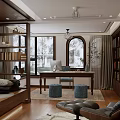 Study Room Interior With Wooden Bookshelves Desk Blue Stools Leather Chair And Arch Windows