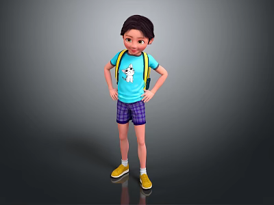 Young Boy in Blue T-shirt with White Creature Figure and Plaid Shorts Standing Hands on Hips 3d model