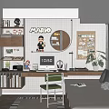 Cozy Study Room with Mario Decor Circular Shelf Bookshelves Computer Desk Lamp and Potted Plant
