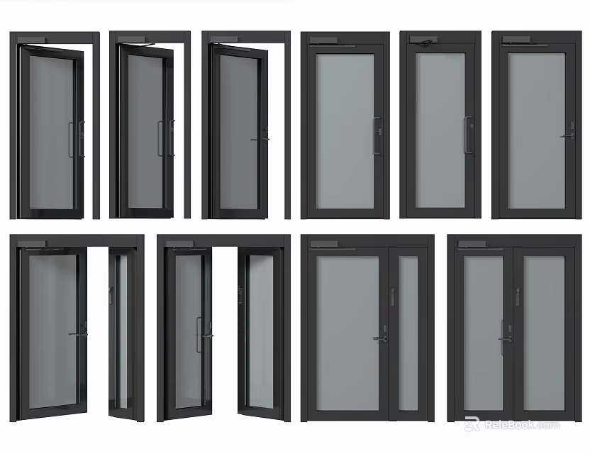 Modern Home Swing Doors Featuring Glass Panels And Different Open Styles 3d model