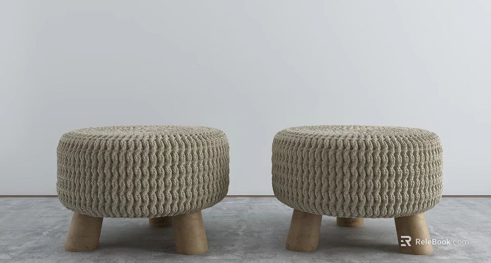 Two Modern Beige Woven Stools with Sturdy Wooden Legs and Textured Design 3d model 