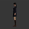 Woman In Dark Blue Sailor Uniform Standing On Gray Background With Brown Shoes