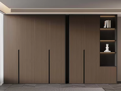 Modern Wooden Wardrobe Design With Black Accent Lines And Open Shelf Featuring Decorative White Figurine 3d model