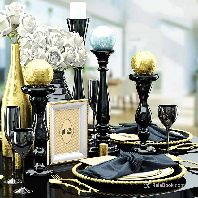 Elegant Modern Decorative Ornament Set With Gold Black Spheres White Flower Bouquet And Table Decor 3d model 