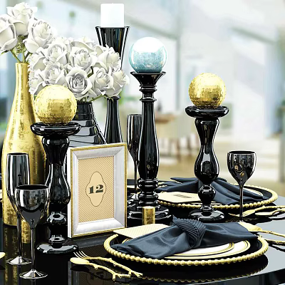 Elegant Modern Decorative Ornament Set With Gold Black Spheres White Flower Bouquet And Table Decor 3d model