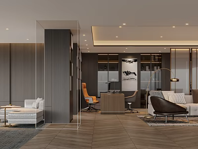 Modern Elegant Hotel Guest Room with Open Living Area Workstation Sofa Pendant Lights and Rug 3d model