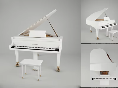White Grand Piano Set With Matching Stool And Different Angles Display For Musical Instruments 3d model