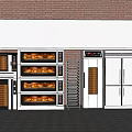 Commercial Kitchen Appliances With Stainless Steel Ovens Refrigerator And Rack Against Brick Wall
