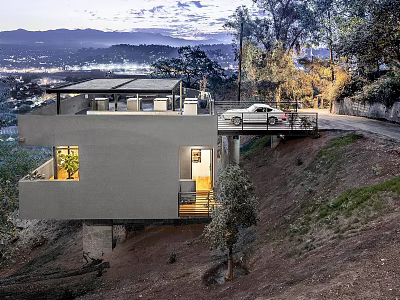 Modern Hillside Single Family House with Terrace White Car and Distant City View 3d model