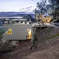 Modern Hillside Single Family House with Terrace White Car and Distant City View