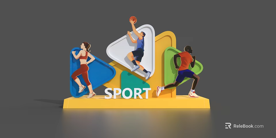 Sport Art Installation With Running Basketball Figures And Colorful Geometric Shapes On Yellow Base 3d model 