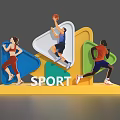 Sport Art Installation With Running Basketball Figures And Colorful Geometric Shapes On Yellow Base