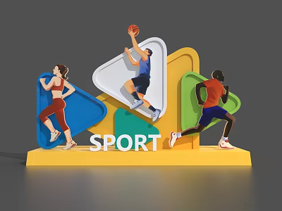 Sport Art Installation With Running Basketball Figures And Colorful Geometric Shapes On Yellow Base 3d model