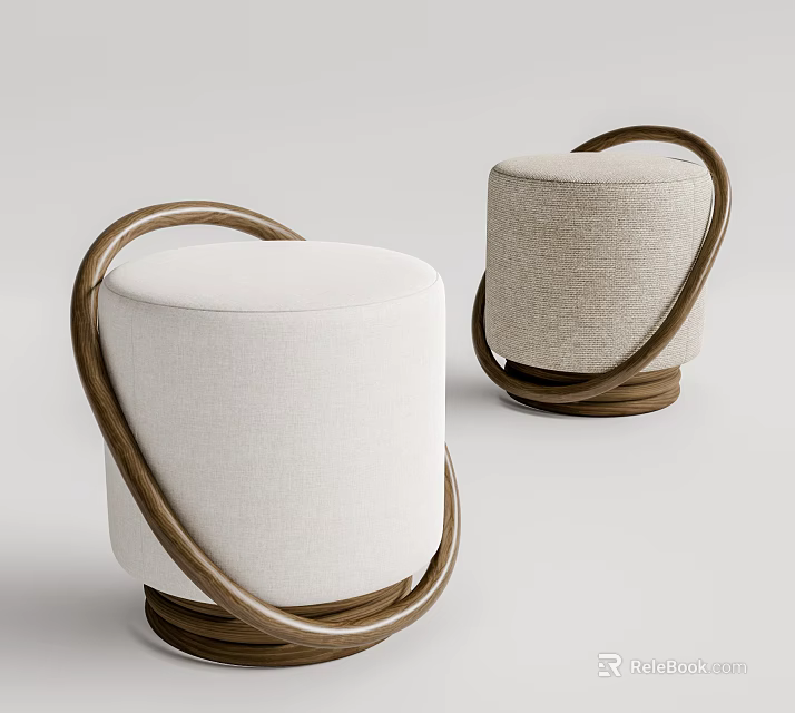 Two Modern Round Sofa Stools with Circular Wooden Frame and Light Fabric Cushions 3d model 