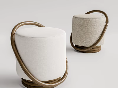 Two Modern Round Sofa Stools with Circular Wooden Frame and Light Fabric Cushions 3d model