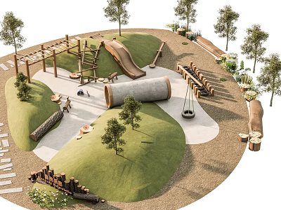 Lush Green Playground Park Landscape With Grass Mounds Slide Swings Wooden Structures And Trees 3d model