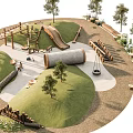 Lush Green Playground Park Landscape With Grass Mounds Slide Swings Wooden Structures And Trees