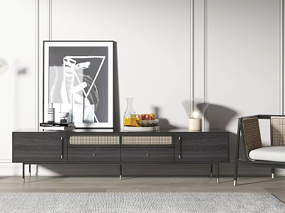 Modern Dark Gray TV Stand with Woven Drawers Artwork Vase Fruit Bowl Lamp and Chair 3d model